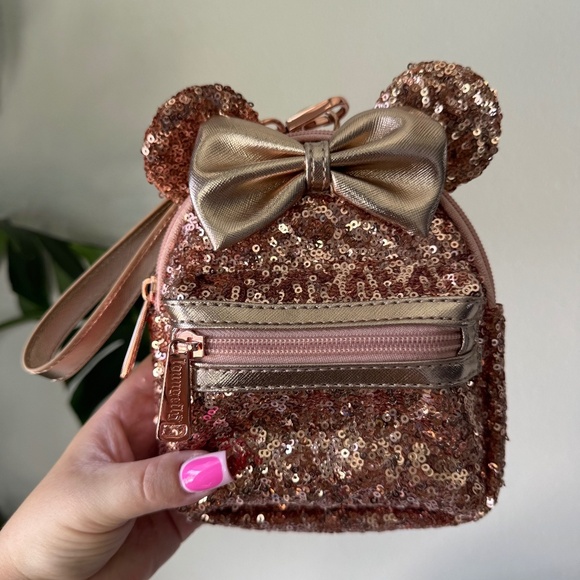 Disney Minnie Mouse Rose Gold Sequin Loungefly Micro Mini Backpack Wristlet - Picture 1 of 5